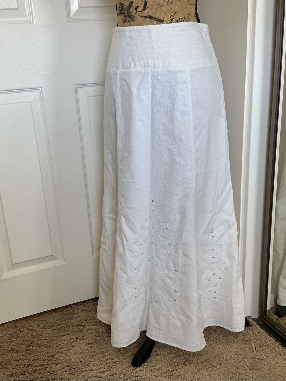 Hillard & Hanson Pure White Linen Embroidery and Sequin Embelished Maxi Skirt